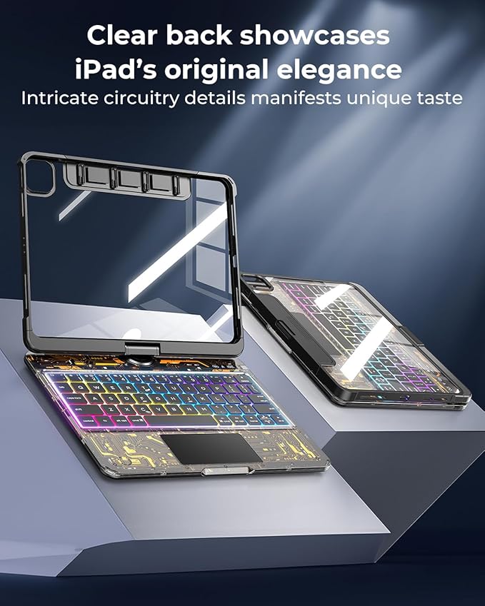 SIBEITU Keyboard Case for iPad Pro 11 Inch M5 2025 /M4 2024, Clear Wireless 360 Rotatable iPad Pro11 Cover, Multi-Touch Trackpad & Visible PCB High-Tech Design, 7-Color Backlight & 3-Brightness, Black