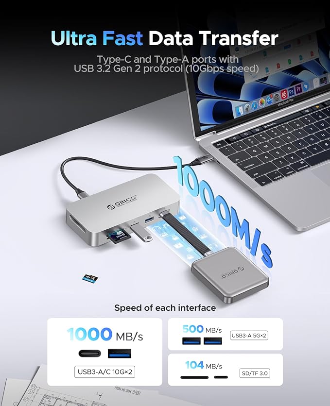 ORICO 512 GB External SSD Docking Station, SSD Expansion + Hub Extension, Up to1000MB/s, 10-in-1 USB C HUB with Internal SSD, Support 4K@60Hz HDMI Display, 100W PD, Ethernet, SD/TF, Mac Mini - SJ10