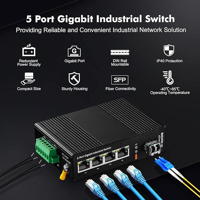 MokerLink 5 Port Industrial DIN-Rail Network Switch, 4 Gigabit Ethernet, 1 SFP, 14Gbps Switching Capacity, IP40 Rated (-40 to 185F), With UL Power Supply