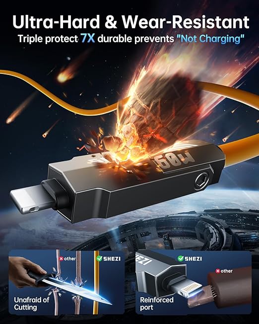 SHEZI Silicone 4 in 1 USB C Cable 60W 5FT Compatible with Lightning Cable, Fast Charging for iPhone/iPad Charger Cord [480Mbps Data Sync],Multi Charging Cable with Type C/USB A, Yellow