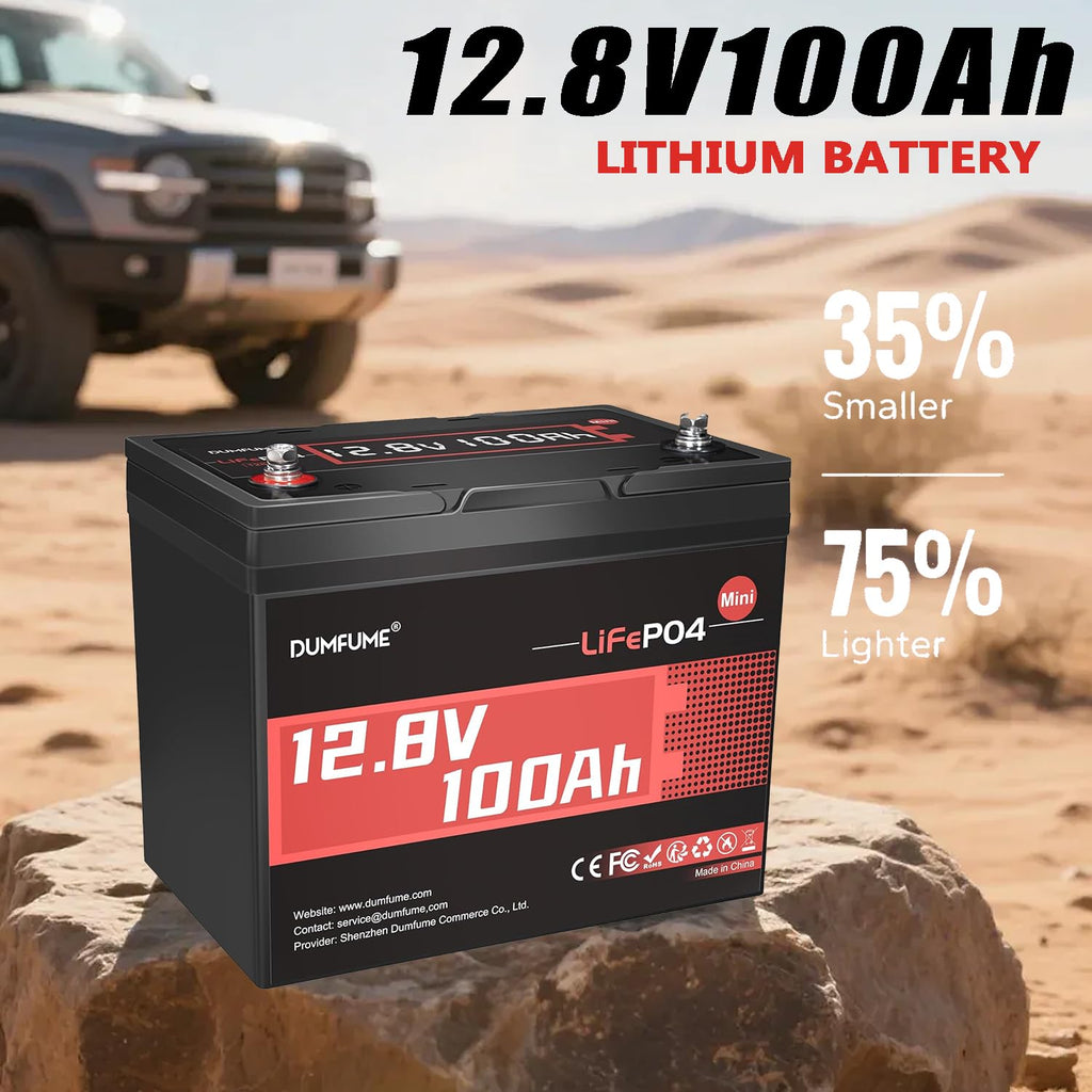 12V 100Ah Mini LiFePO4 Lithium Battery, Built-in 100A BMS