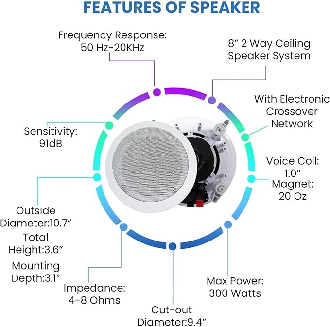 Home Audio System Kit - 7.2 Channel 1500W Bluetooth Amplifier w/ 8 Qty of 8" Framed Ceiling Speakers 300 W Each, 4-Ch Speaker Selector, 2 Qty of Mic, 250 ft Speaker Wire & Remote by Vaiyer