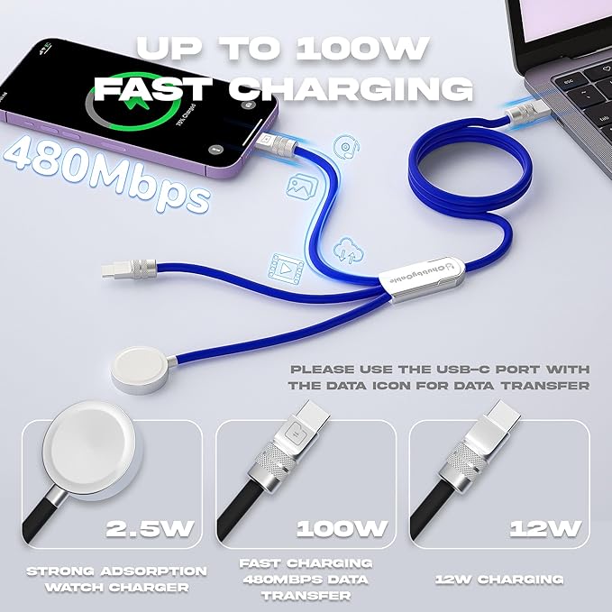 chubbycable Tri-Flex 3 in 1 USB C Cable for Apple Watch Charger Silicone 100W Multi Charging Cable Fast Charge Compatible with iPhone 16/15 Series iWatch iPad Airpods MacBook, 4.1FT, Black