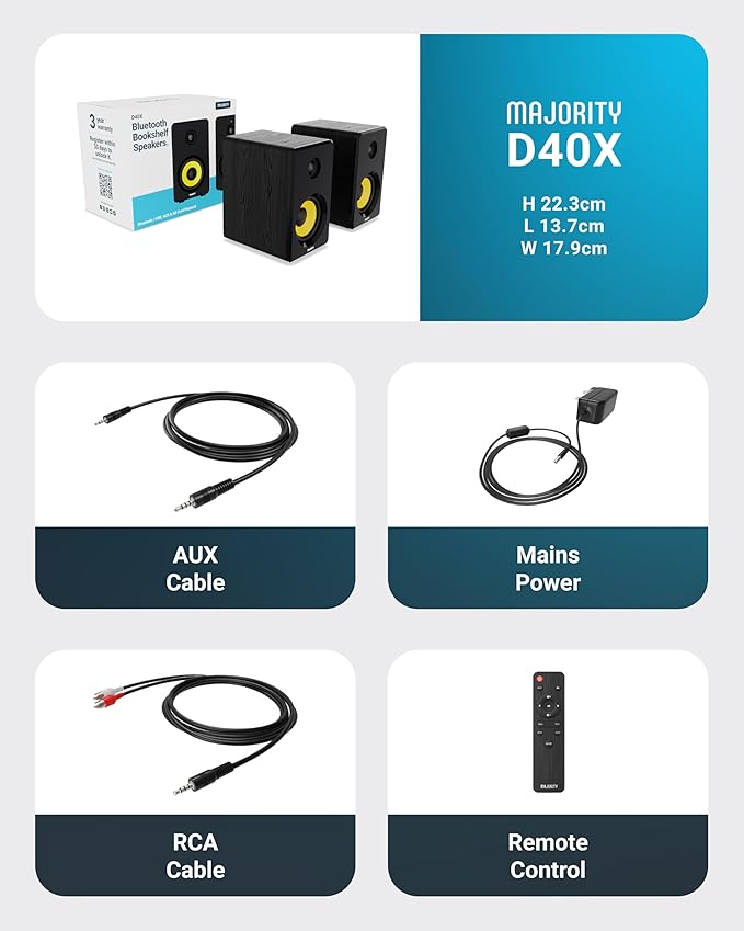 Majority Powered Bluetooth Bookshelf Speakers | Studio Monitors Speaker Set | 2.0 Home Studio Lecturers for PC & Turntables | Bluetooth Powered with RCA, Optical, USB & AUX Playback D40X