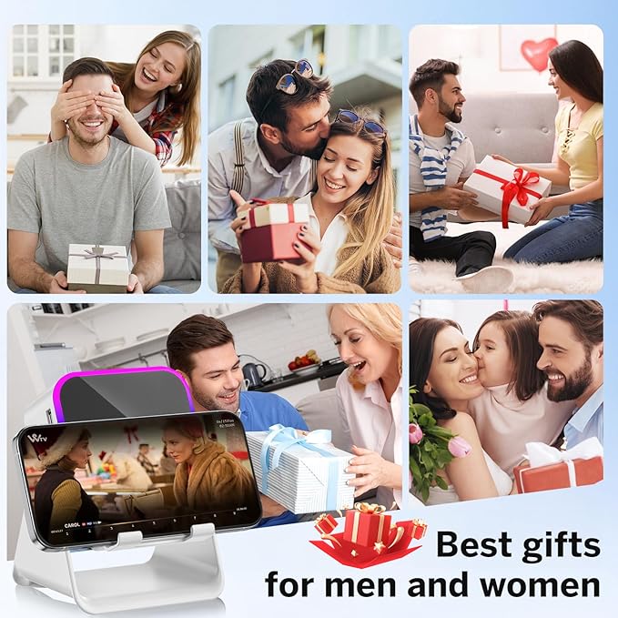 Wireless Induction Speaker 5-in-1 Bluetooth Speaker with Phone Stand,Stereo Sound, 3500mAh Rechargeable, 8 RGB Ambient Light, 360° Adjustable Holder for iPhone/Android/iPad,Gifts for Men Women (White)