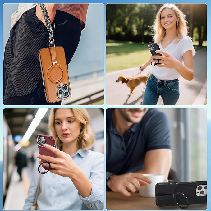 Leather Case, Suitable for iPhone 16 Pro Case, Invisible Magnetic Design, Equipped with a Lanyard and Foldable Stand, Black, Yellow and red (Black, iPhone 16 Pro)