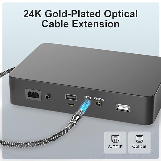 EMK Optical Cable Extension, 24K Gold-Plated Optical Audio Cable Toslink Female to Male Audio Extended Cable Compatible for Sound Bar,Home Theater (6 Feet/2M, Optic Extension, Silver2)