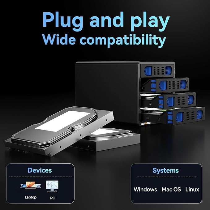 Aluminum 4 Bay 10Gbps Hard Drive Enclosure with Cooling Fan for 2.5“/3.5" SATA HDD/SSD with USB A/C 3.2 Gen 2, Support Hot Swappable,Tool-Free HDD Enclosure , DAS(NO RAID/NAS)