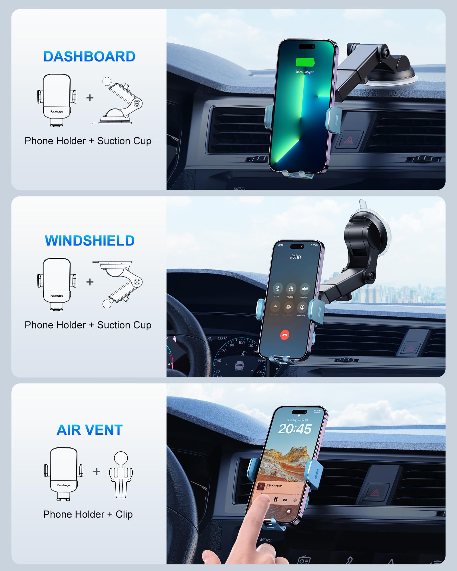 CHGeek Wireless Car Charger, 15W Fast Charging Auto Clamping Car Charger Phone Mount Phone Holder fit for iPhone 15 14 13 12 11 Pro Max Xs, Samsung Galaxy S24 Ultra S23 S22 S21, S20, S10+, Cyan