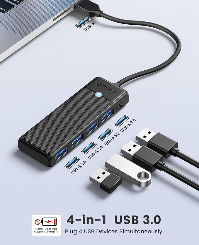 ORICO USB 3.0 Hub, 4-Port USB Hub, Ultra Slim USB Splitter for Laptop for MacBook, Mac Pro, iMac, Surface Pro,XPS, PS5, PC, Flash Drive, Mobile HDD(Black/0.5ft)