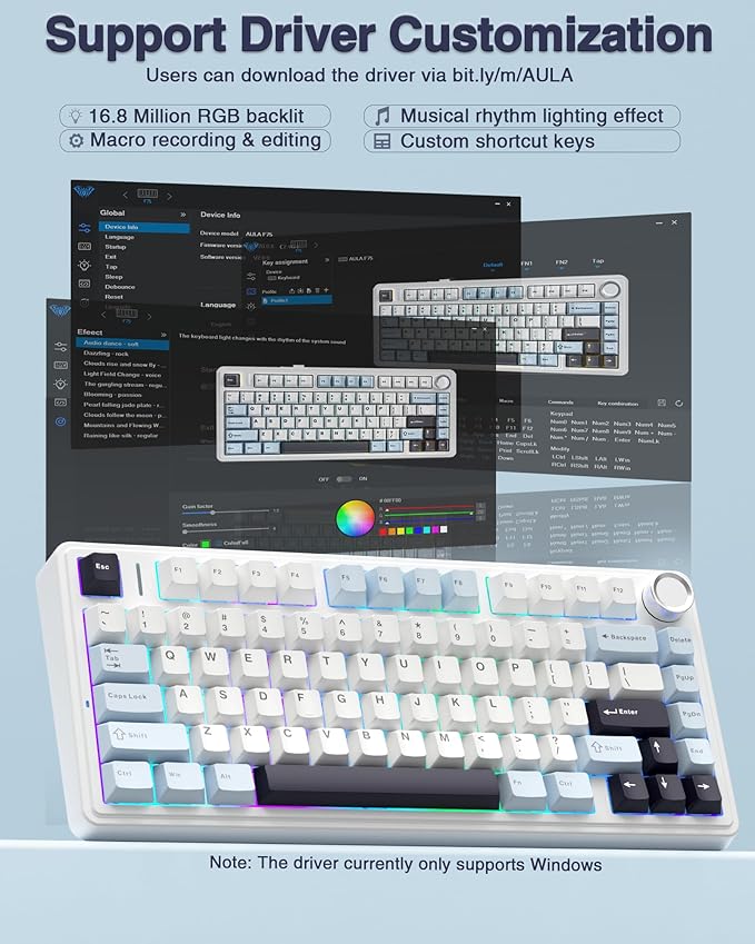 AULA F75 75% Wireless Mechanical Keyboard, Hot Swappable Creamy Keyboard, Pre-lubed Reaper Switches, 2.4GHz/Type-C/BT5.0, RGB Backlit Gaming Keyboards(White & Blue)
