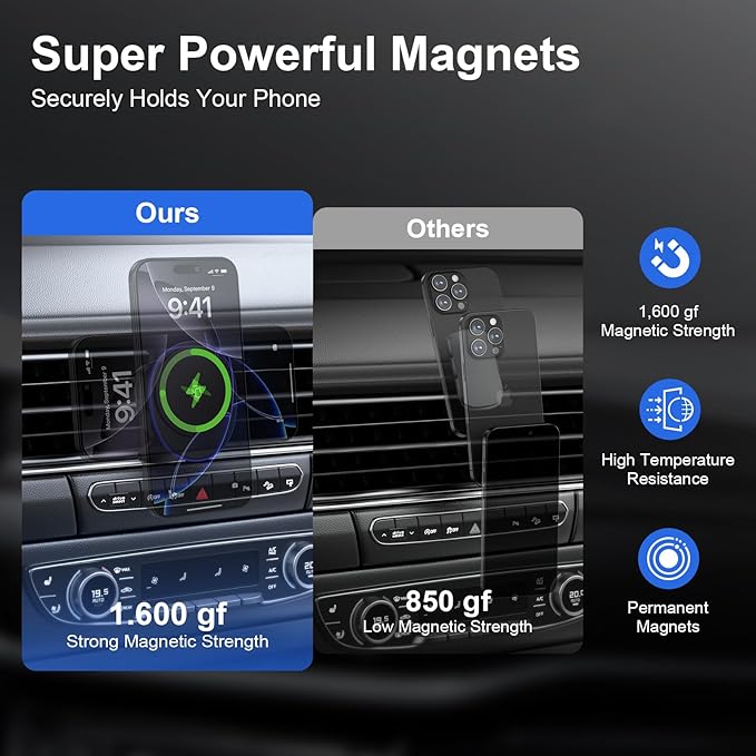 15W Magnetic Car Mount Wireless Charger for Samsung Galaxy S25 Ultra Z Fold7 Flip7 S24 FE S23 Plus S22 S21 MagSafe Wireless Charger Air Vent Auto Car Phone Holder for iPhone 16e 16 Pro Max/Plus 15 14
