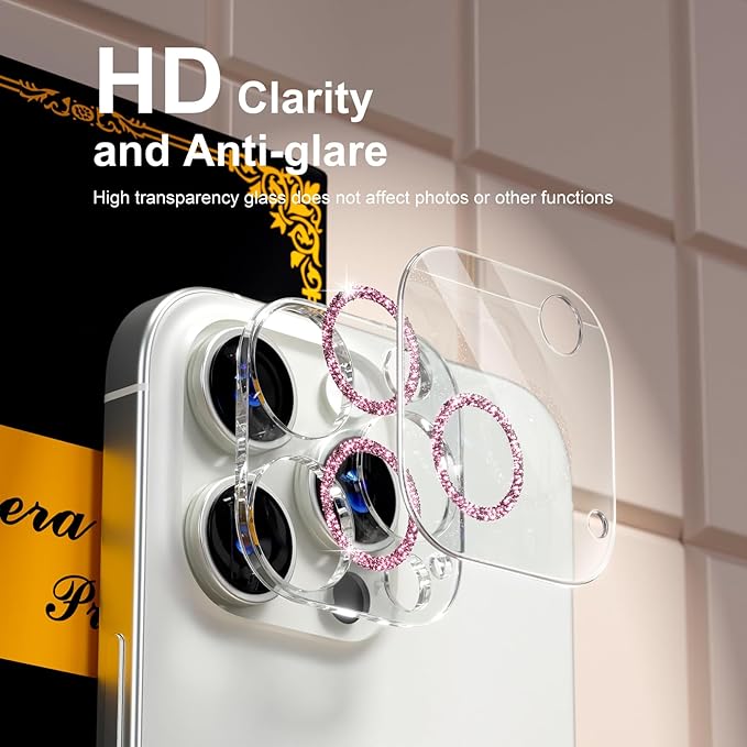 beuxece for 6 Pack iPhone 15 Pro/iPhone 15 Pro Max Camera Lens Protector [Drop Protection] [Case Friendly] [Easy Installation] 9H Tempered Glass Camera Screen Protector Cover, Glitter Pink