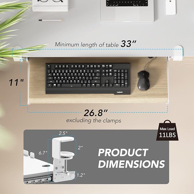 AX WABER Keyboard Tray Under Desk Pull Out with Extra Sturdy C Clamp Mount System, 27.3 (32.5 inch Including Clamps) x 11 Inch Slide-Out Platform Computer Drawer for Typing Grain AX01WG01