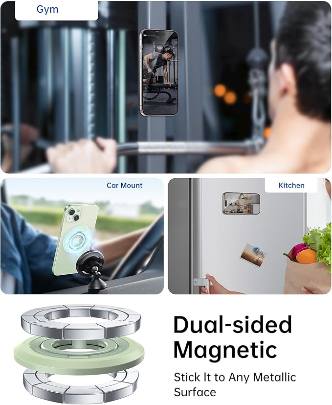 SYNCWIRE Magnetic Phone Ring Holder for MagSafe, 360° Rotation Dual Sided Magnet Grip Cell Phone Ring Stand Finger Kickstand Compatible with iPhone 16 15 14 13 12 Pro Max fits MagSafe - Green