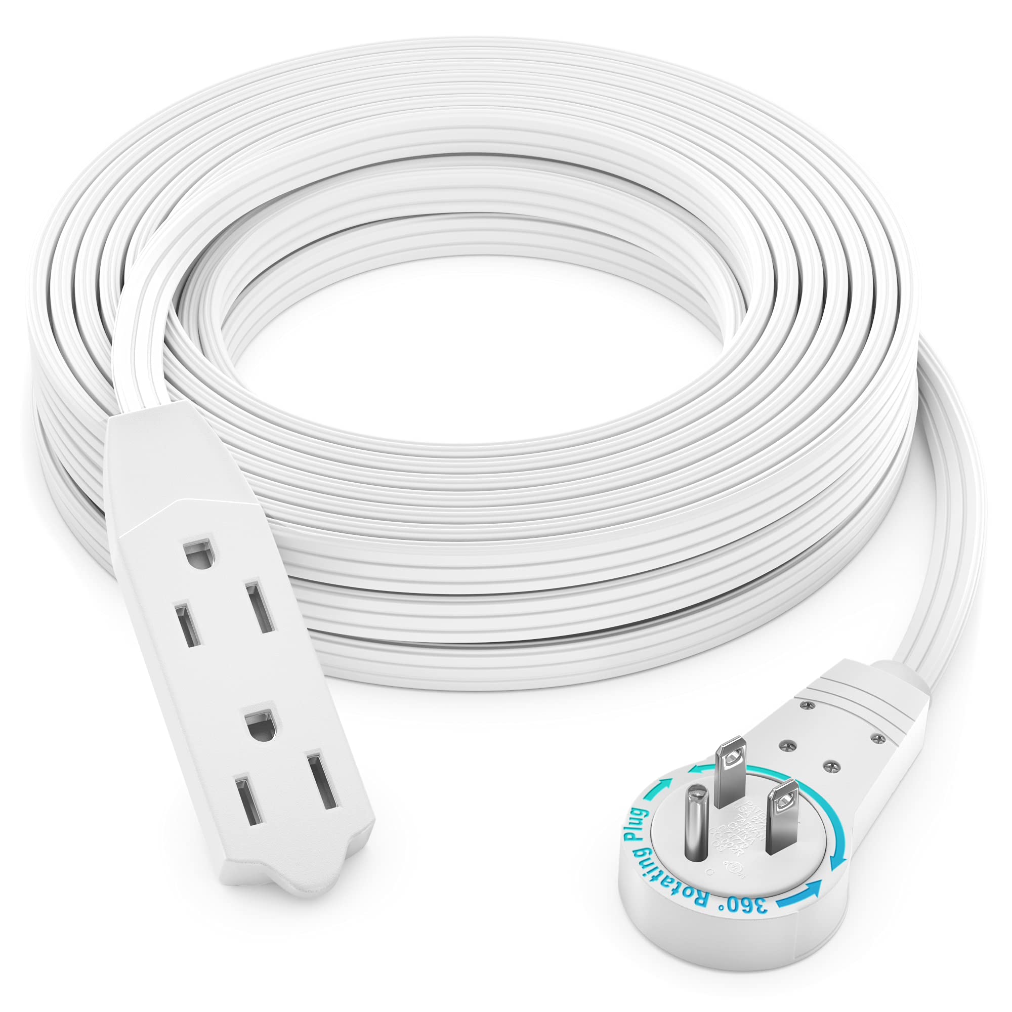 Maximm Cable 50 Ft 360° Rotating Flat Plug Extension Cord, 16/3 AWG Multi 3 Outlet 3-Prong Grounded Wire- White - UL Certified