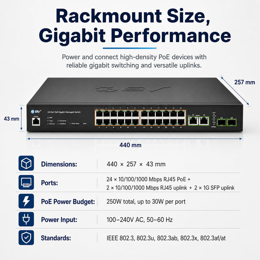 BV-Tech 24-Port Gigabit PoE+ Switch, 2 RJ45 & 2 SFP Uplinks, L2 Managed