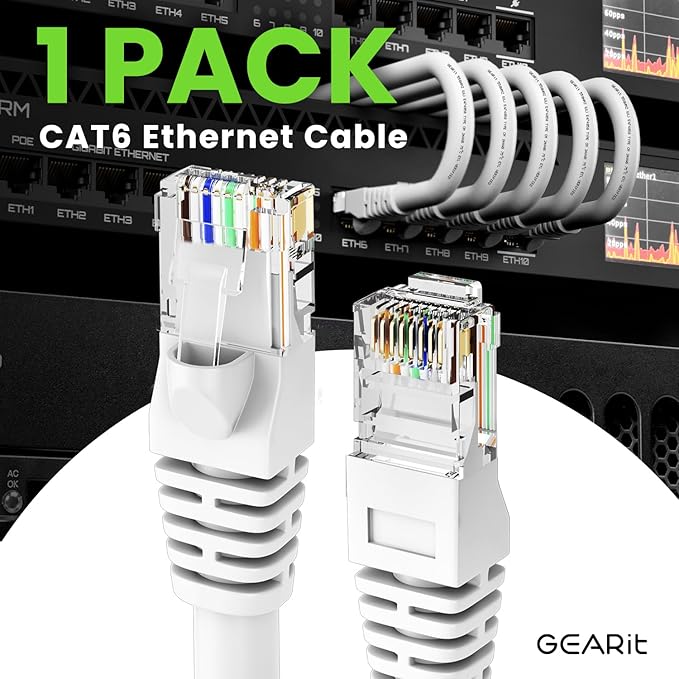 GEARit Cat 6 Ethernet Cable (1-Pack 20 Feet) Cat6 Network Patch, 10Gbps, RJ45, Snagless Cord, Gold-Plated Connectors, Internet for PC, TV, Tablet, Router, Printer, Servers, IT Data Center - White