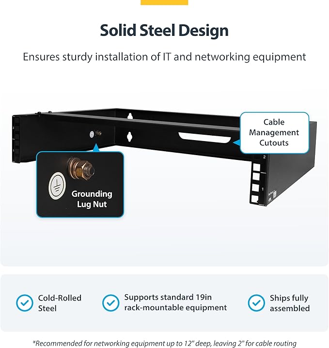 StarTech.com 2U Wall Mount Network Rack - 14 in Deep (Low Profile) - 19" Patch Panel Bracket for Shallow Server, IT Equipment, Network Switches - 77lbs/35kg Weight Capacity, Black (RACK-2U-14-BRACKET)