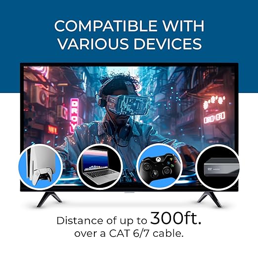OREI 4K @ 120Hz HDMI Over Ethernet Extender Balun - HDBaseT UltraHD 8K@30hz CAT6/7 Cable with HDR, CEC & IR Control, RS-232 Up to 400 Ft Power Over Cable Audio Out (BK-EXB400R-K)