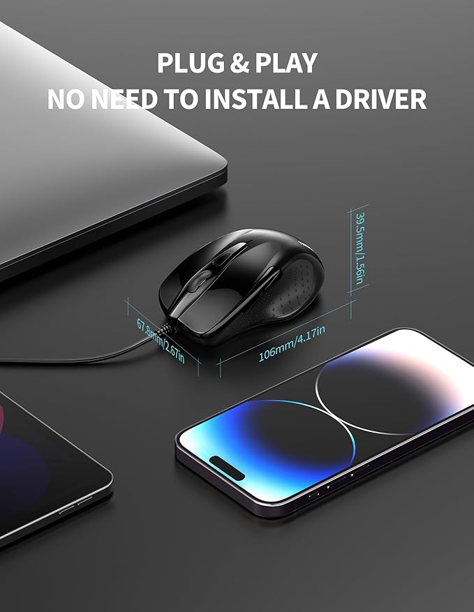 TECKNET USB Wired Mouse, 6-Button Corded Mouse with 4 Adjustable DPI, Optical Computer Mouse with Ergonomic Design and 5FT Cord for Laptop, Chromebook, PC, Desktop, Mac, Notebook-Black