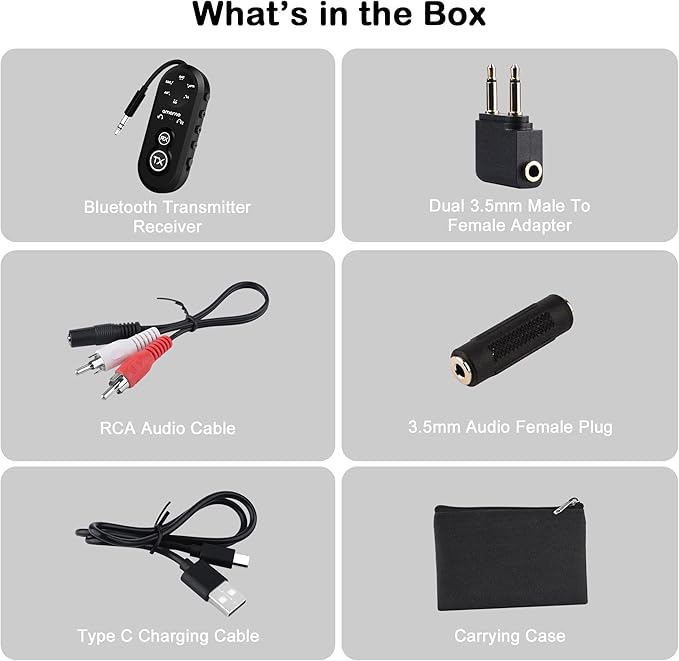 Bluetooth 5.4 Transmitter Receiver, 2 in One Airplane Audio Adapter with Low Latency, Dual Mode Connection for 2 Devices, Wireless Transmitter Adapter for Flight Travel/TV/Car/Gym/Home Stereo