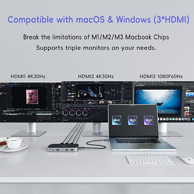 3 HDMI Triple USB C Docking Station, PULWTOP Laptop Docking Station Dual 4K Display for MacBook M1/M2/M3/Windows, Universal USB C Dock with Power Adapter, PD, 10Gbps USBC/A Data,2 USB-A 2.0, Ethernet