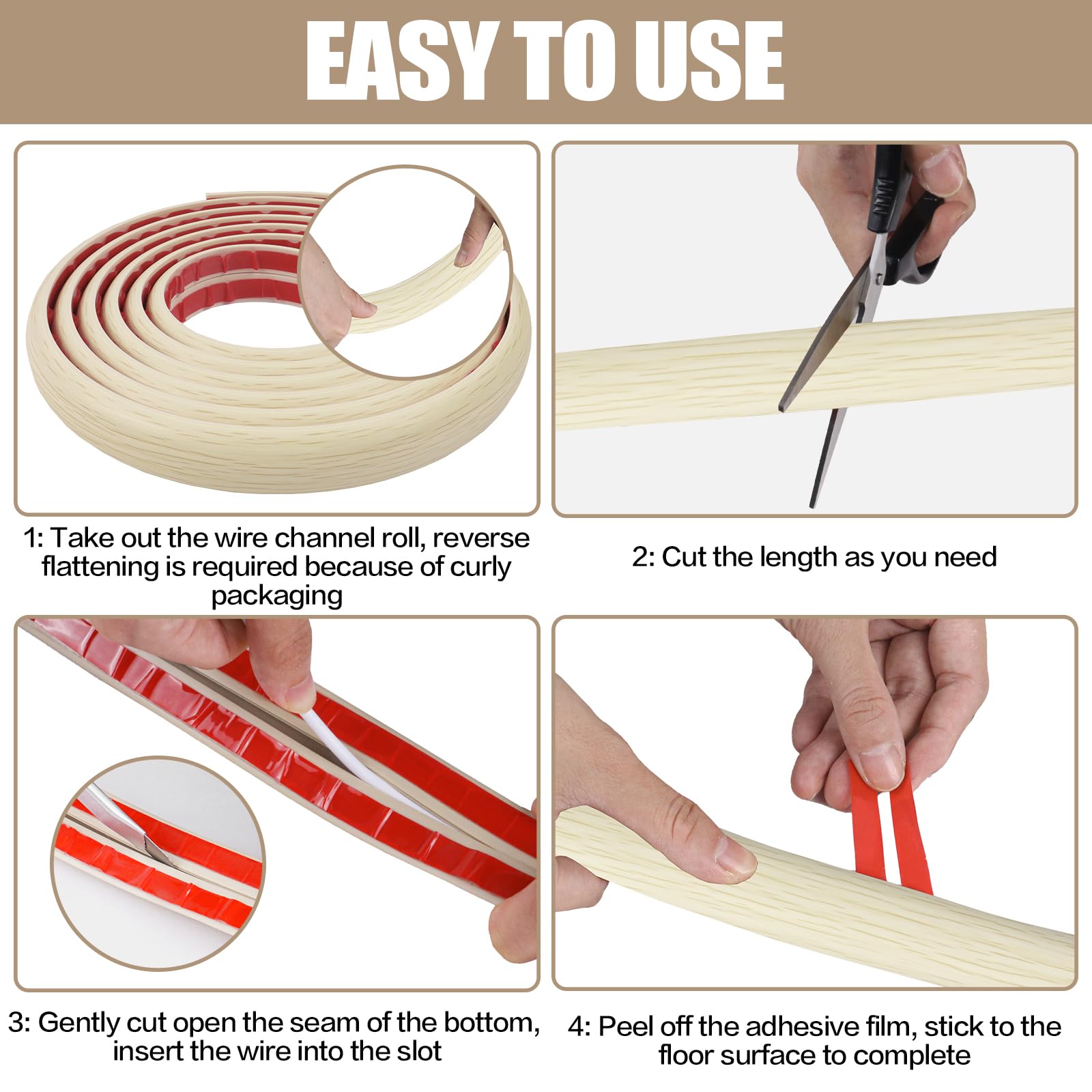 Floor Cord Cover Self Adhesive Cord Hider,3.3FT Cable Management, Extension Strip Protector for Wires, Prevent Cable Trips for Offices, Gyms, Exhibitions Cavity:0.39"(W) x 0.27"(H) Yellow Wood