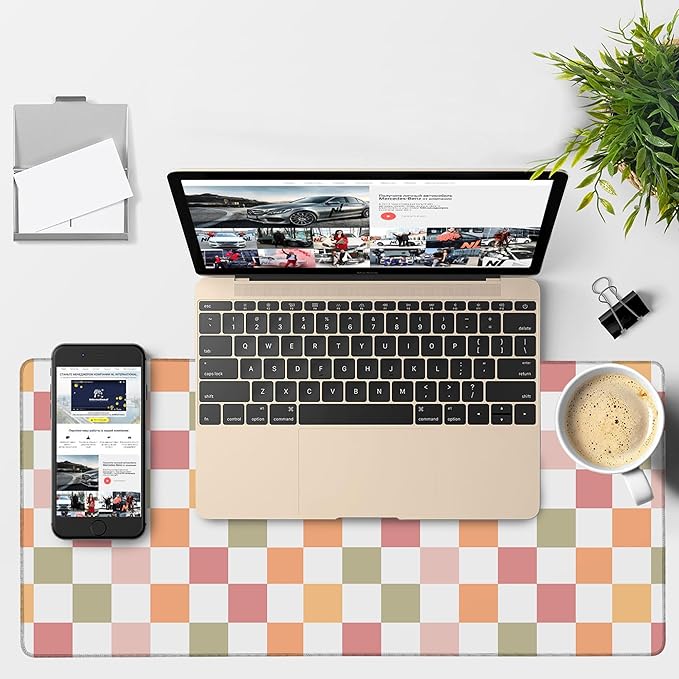 Gaming Desk Pad Large Extra Length Multicolored Chess Board Mouse Pad Keyboard Laptop Non-Slip Waterproof with Rubber Base Thick Stitched Edge Mouse Mat for Office Home 35.4 x 15.7 Inches