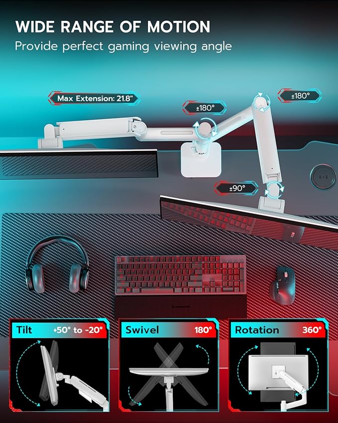 ARES WING Dual Monitor Mount with USB for 17-49 Inch Screen, White