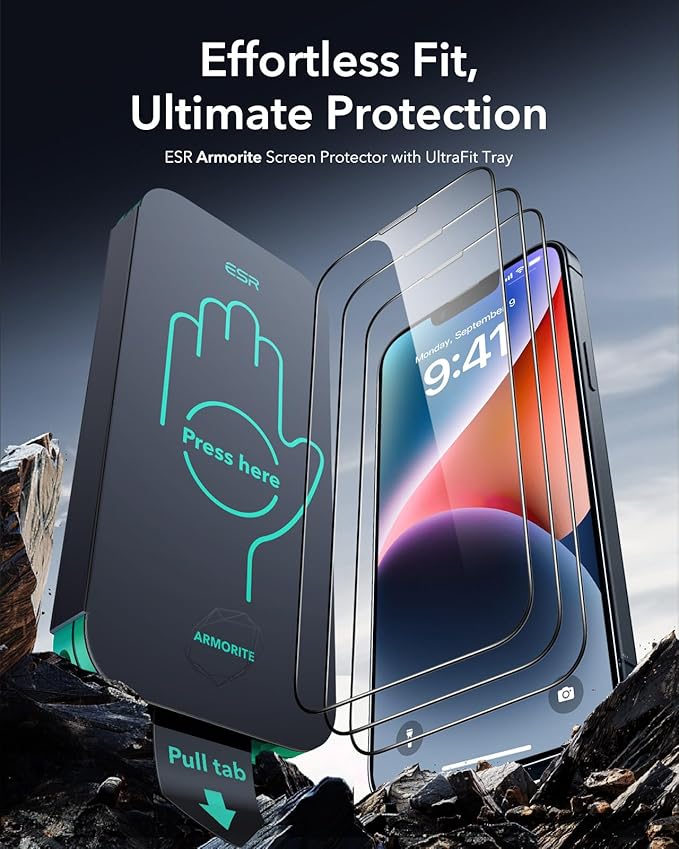 ESR 3 Pack 9H+ Glass for iPhone 13 Pro Max/iPhone 14 Plus Screen Protector, [Military Grade Shatterproof & Longest Durable] Armorite Ultra-tough Full Coverage Tempered Glass with UltraFit Tray