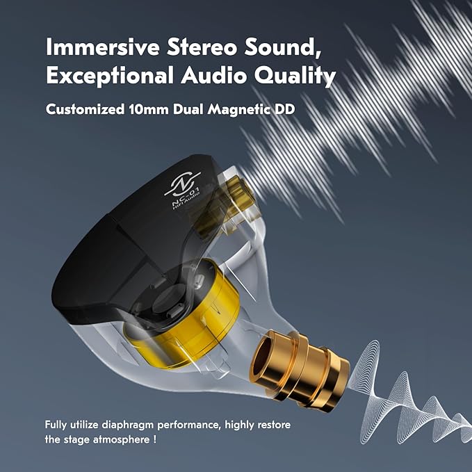 CCZ NC01 Gospel Gaming Earbuds, Stereo Sound in Ear Monitor Headphone Wired, Customized Dual Magnetic DD IEMS Earphone with Detachable Tangle-Free Cable PC Cavity for Computer(without mic,Clear Black)