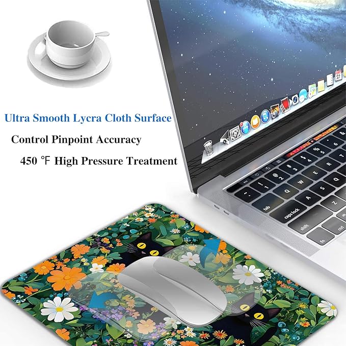 Cute Flowers Black Cats Mouse Pads for Desk, Portable Wireless Computer Mouse pad Small Design with Women, Non-Slip Rubber Base Laptop Mousepad 9.5" x 7.9" Smooth Surface for Office & Travel