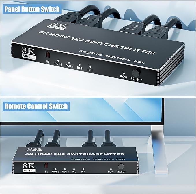 2x2 HDMI Switch Splitter, HDMI 2.1 Switcher 2 in 2 Out 8K@60Hz 4K@120Hz, w/IR Remote Control, Supports HDCP 2.3 HDR, HDR10, HDR 10+, 3D