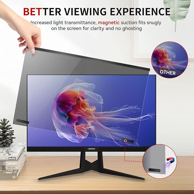 Magnetic 24 Inch Computer Privacy Screen Filter, Aluminum Alloy Hanging Privacy Screen for Computer Monitor for 16:9 Monitor Removable Anti Blue Light Eye Protection