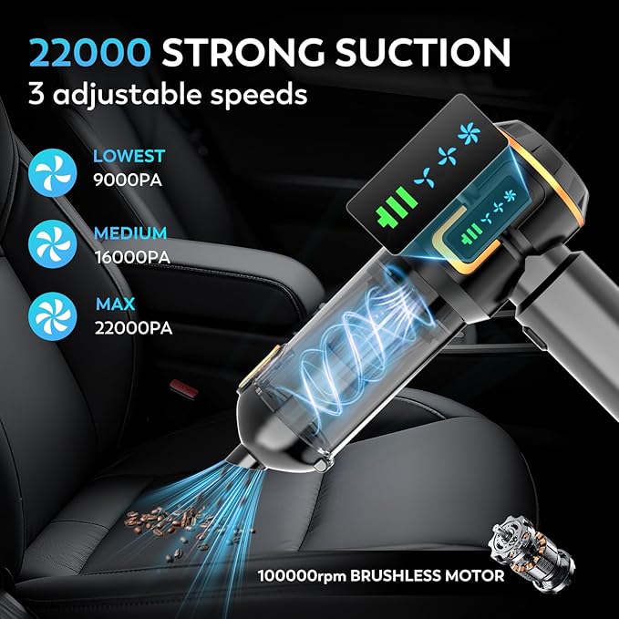 KedeeSparkle Car Vacuum Cleaner Cordless, 22000PA High Power Portable Handheld Vacuum & Compressed Air Duster, Mini Vacuum with LED Display, 3 Modes Brushless Motor for Car, Home, Office, Camping