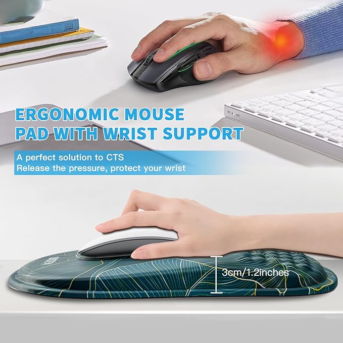 Mouse Pad with Wrist Rest, Ergonomic Mousepads with Wrist Support, Soft Lycra Fabric Memory Foam Office Desk Accessories for Comfort/Pain Relief/PC Gaming/Computer/Laptop (Green Leaves)