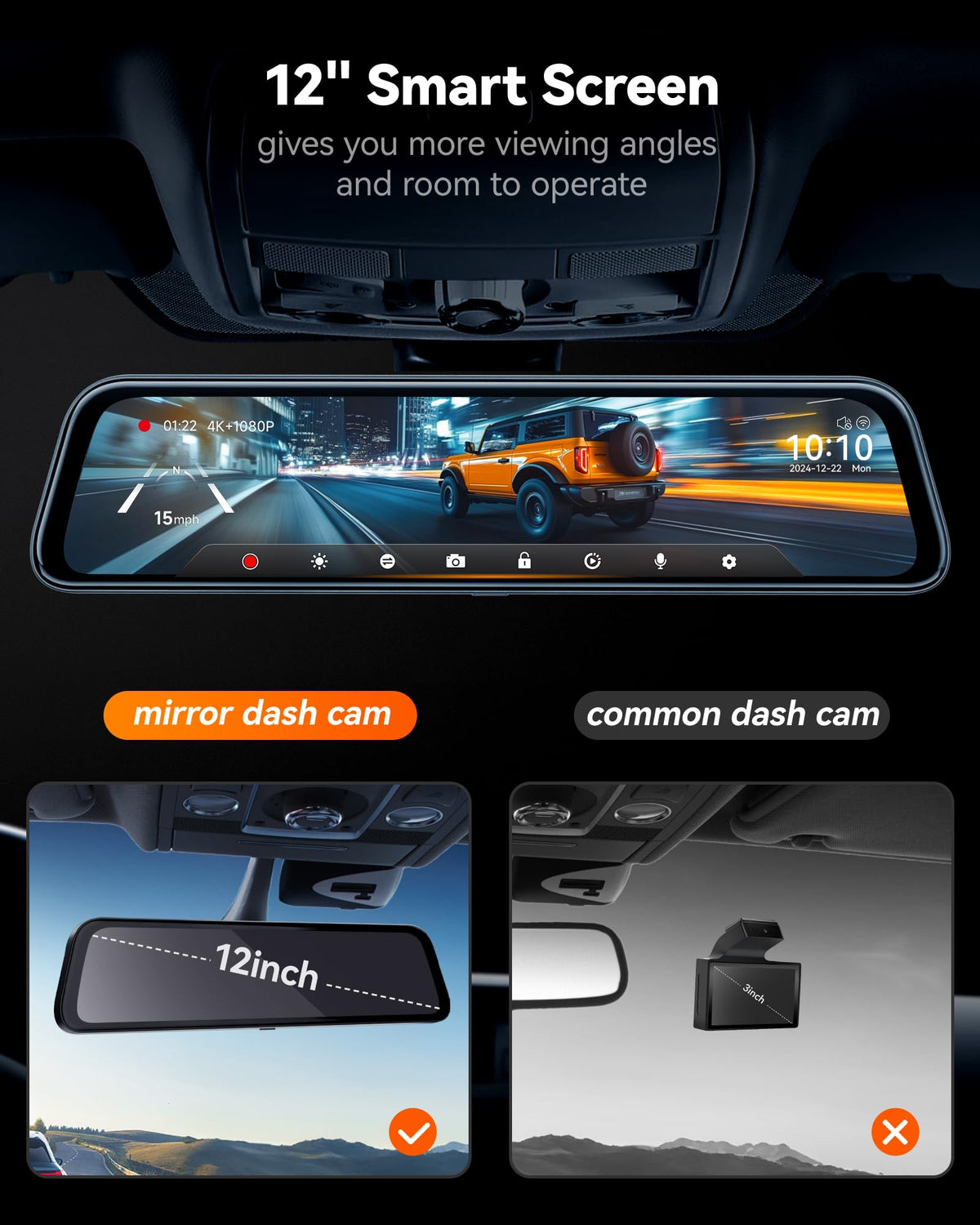 WOLFBOX G840S 12" 4K Mirror Dash Cam Backup Camera with 32GB Card and GPS