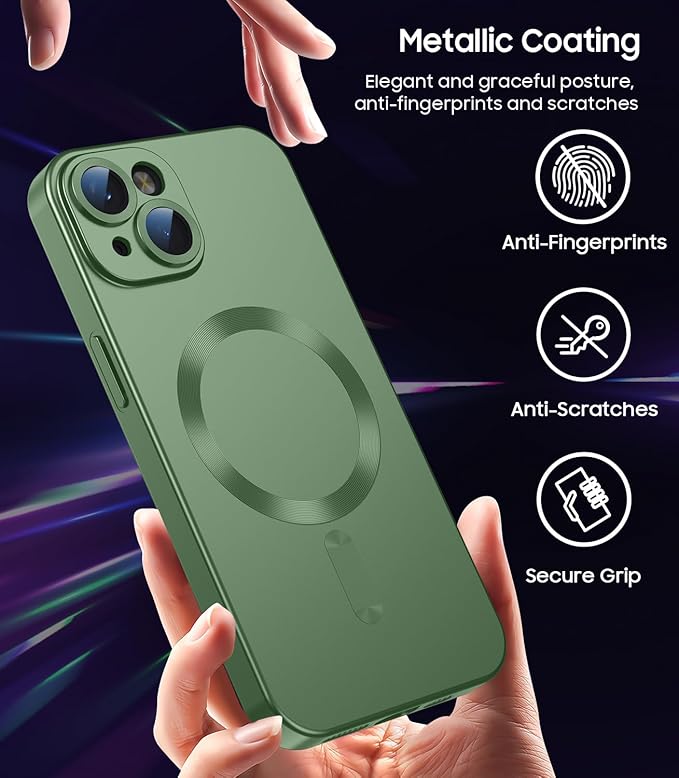 Magnetic for iPhone 14 Case [Compatible with MagSafe][Built-in Camera Lens Protector] Slim Soft Silicone Bumper Shockproof Metallic Luster Phone Case (Green)