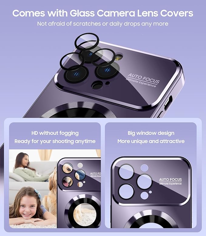 Magnetic for iPhone 14 Pro Max Case, Compatible with MagSafe, Built-in Camera Lens Protector, Logo View, Military Grade Drop Proof Phone Case Cover, Purple