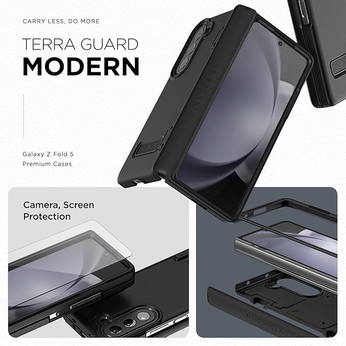 VRS DESIGN Phone Case for Galaxy Z Fold 5 5G (2023) [Terra Guard Modern], Premium Modern Neat Style Case [Anti Scratch Spring-Loaded Hinge Protection] with Screen Protector (Matte Black/Renewed)