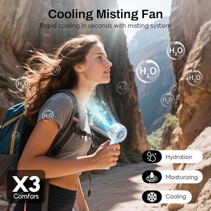 Misting Portable Handheld Fan, Powerful Turbo Motor, 6000mAh Rechargeable Battery, Personal Mini Fans with 4 Strong Wind, Cooling Gadgets for Travel, Camping, Beach, Outdoor, Gifts for Women Men-Pink