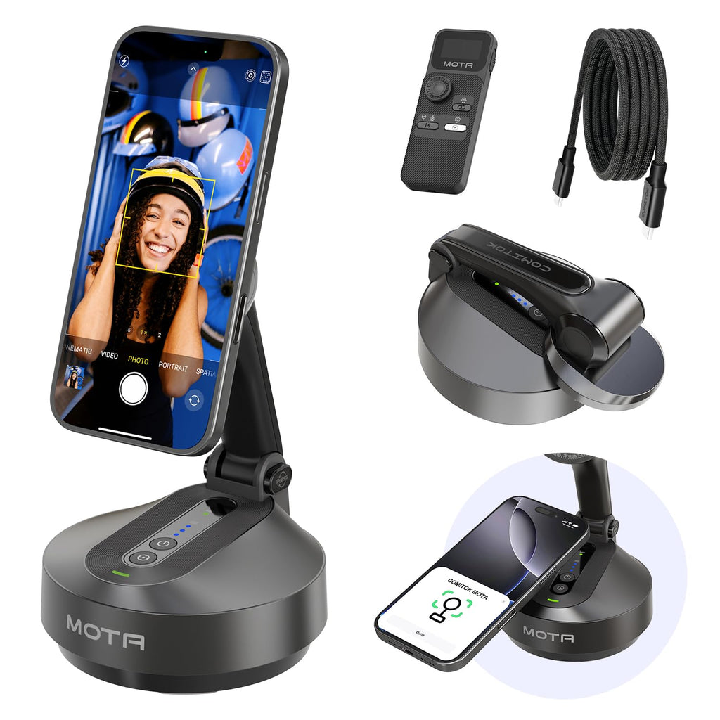COMITOK Magnetic Auto Face Tracking Stand MOTA Tripod with Remote Controller for iPhone Follows Your Movement Hands-Free Video Recording with 360 Degree Holder for Conference, FaceTime, Fittness-Black