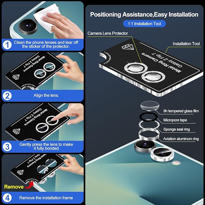 for Samsung Galaxy Z Flip 7 Camera Lens Protector, Individual Metal Ring Tempered Glass Lens Cover, [Strong Adsorption] Scratch Resistant Ultra-Thin HD Clear Lens Cover, 1 Set-Silvery Sparkly