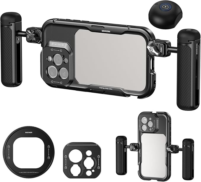 NEEWER 16 Pro Max Cage with Two Quick Release Side Handles, Phone Video Rig Kit with 67mm Filter Adapter, 17mm Lens Mount, T Mount Lens Adapter Compatible with iPhone 16 Pro Max (PA074+PA045E+PA045B)