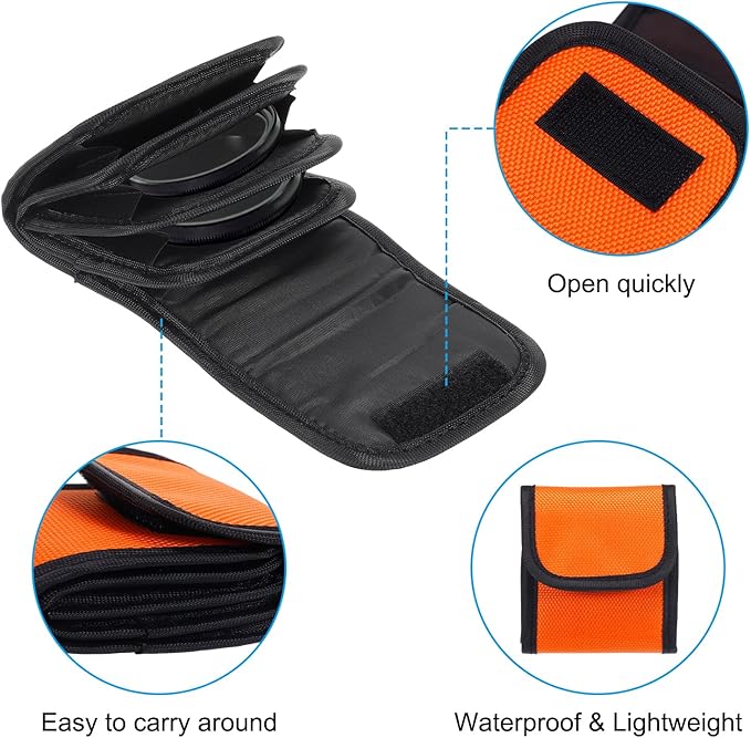 PATIKIL Lens Filter Case, 4-Pocket Camera Filter Case Portable Lens Filter Pouch Photography Fit Camera Bag Pocket Drone for 25mm-58mm, Orange