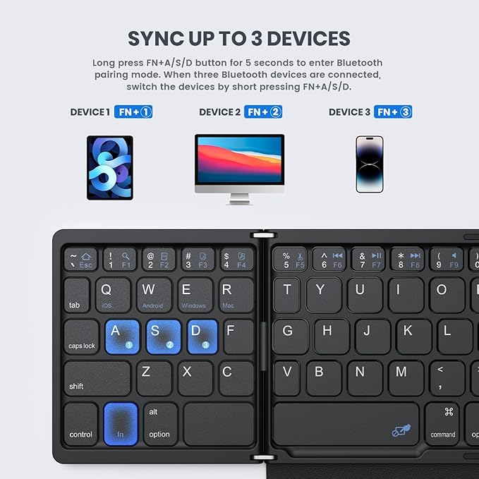 Foldable Bluetooth Keyboard, Portable Full Size Folding Keyboard with Large Touchpad, Numeric Keypad, PU Leather, Wireless TravelKeyboard for Windows Android Mac(Sync up to 3 Devices)