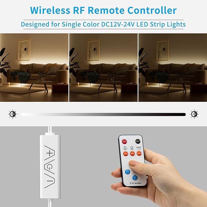 13Keys LED Dimmer, Wireless RF Remote Control and 3Keys Receiver with DC Jack RF Dimmer with Timer Function for DC12V-24V Single Color COB/3528/2835/5050 LED Strip Lights