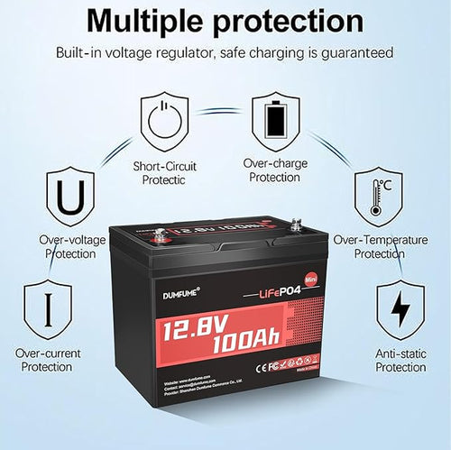 12V 100Ah Mini LiFePO4 Lithium Battery, Built-in 100A BMS