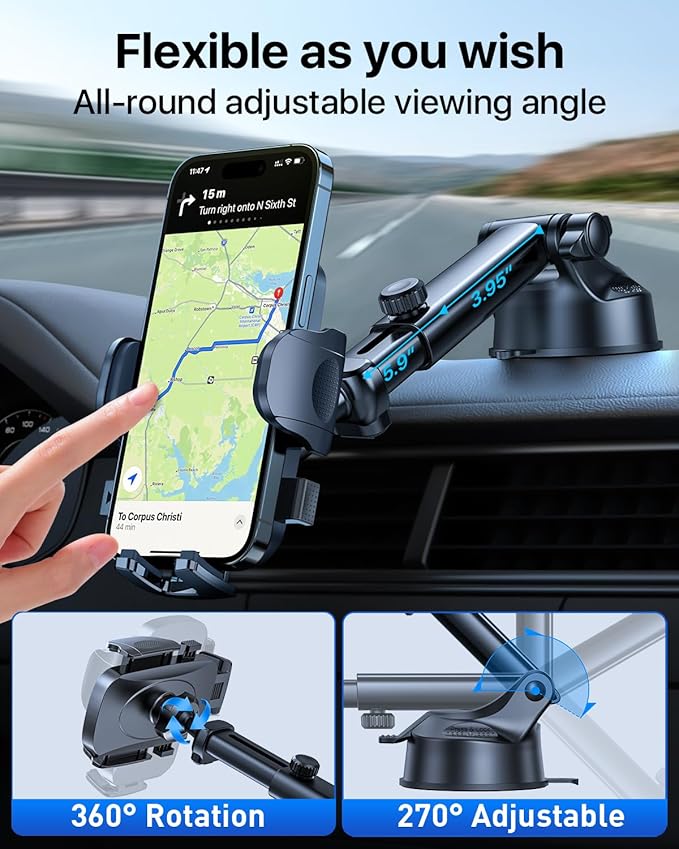 HTU [True Military-Grade] 2025 Upgraded Car Phone Holder 【Safety Certs & No Smell】 Cell Phone Holder for Car Mount for Dashboard Windshield Air Vent Long Arm Thick Case,Red